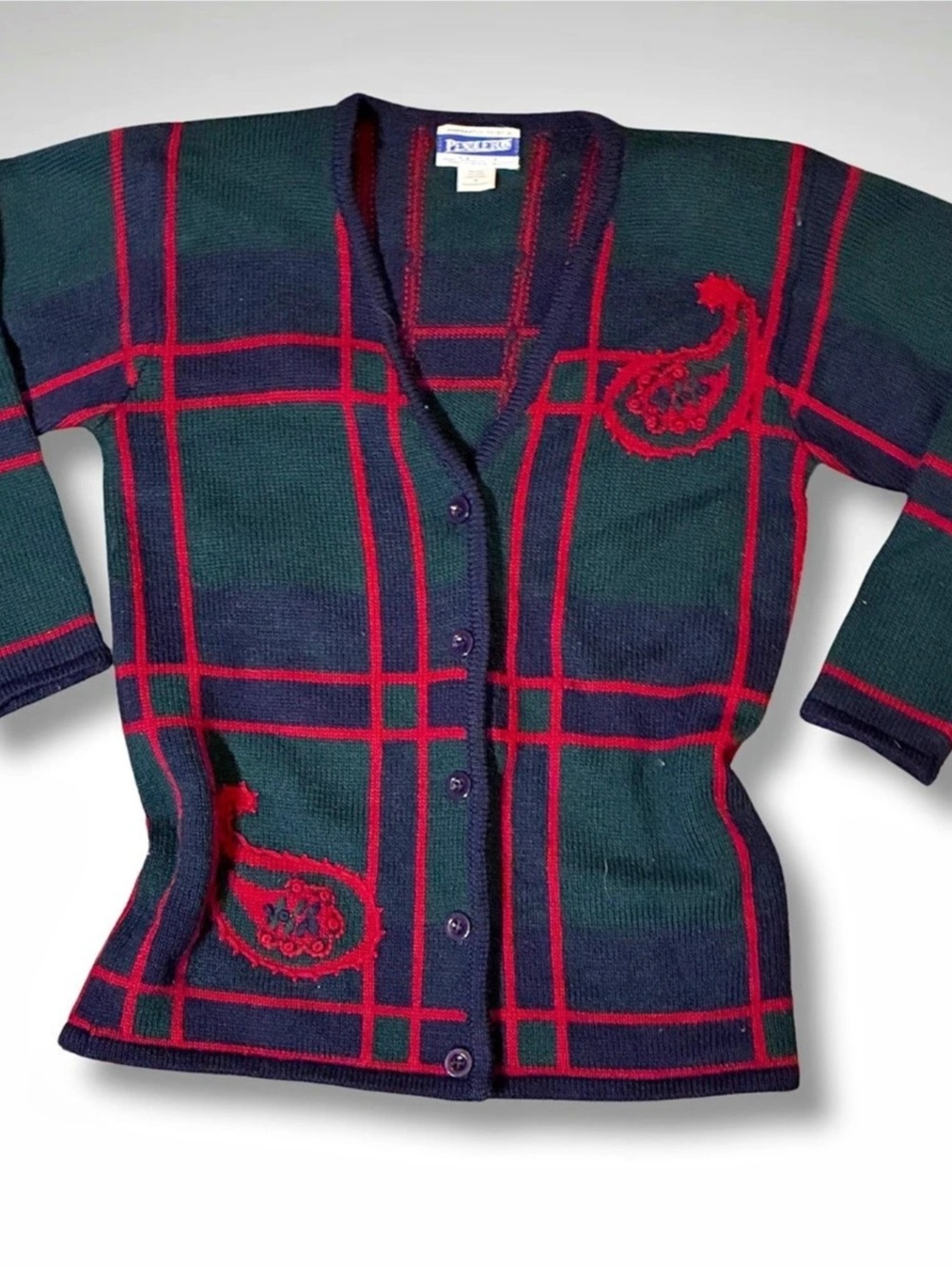VTG Pendleton Plaid Paisley Cardigan Sweater Virgin Wool Plaid Green & Red Smal